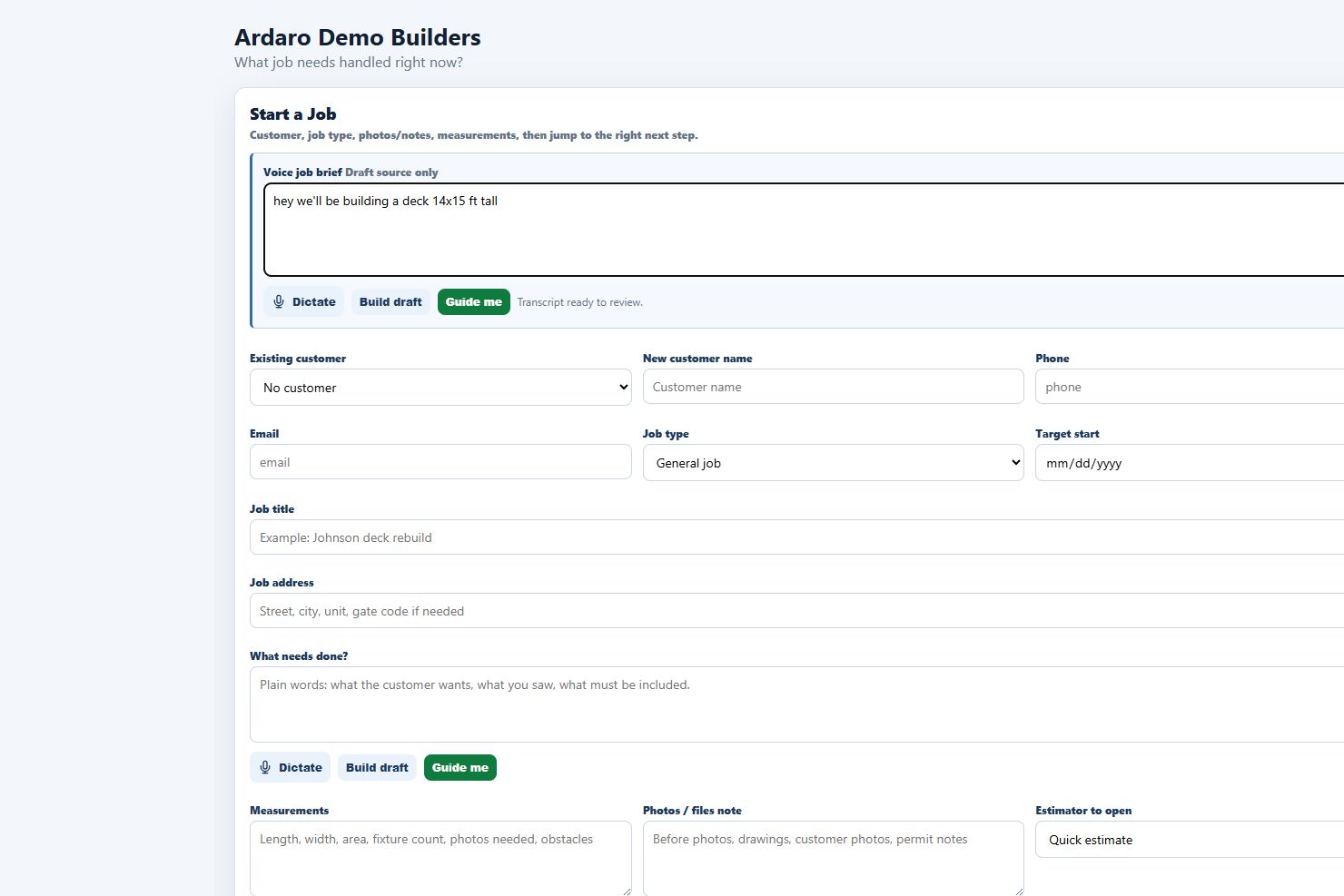 Synthetic Ardaro demo workspace showing a voice job brief with Dictate, Build draft, and Guide me controls before the editable job fields.